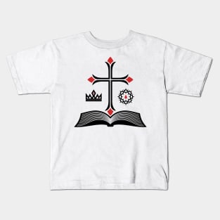 Cross of Jesus Christ, open bible and royal symbols. Kids T-Shirt